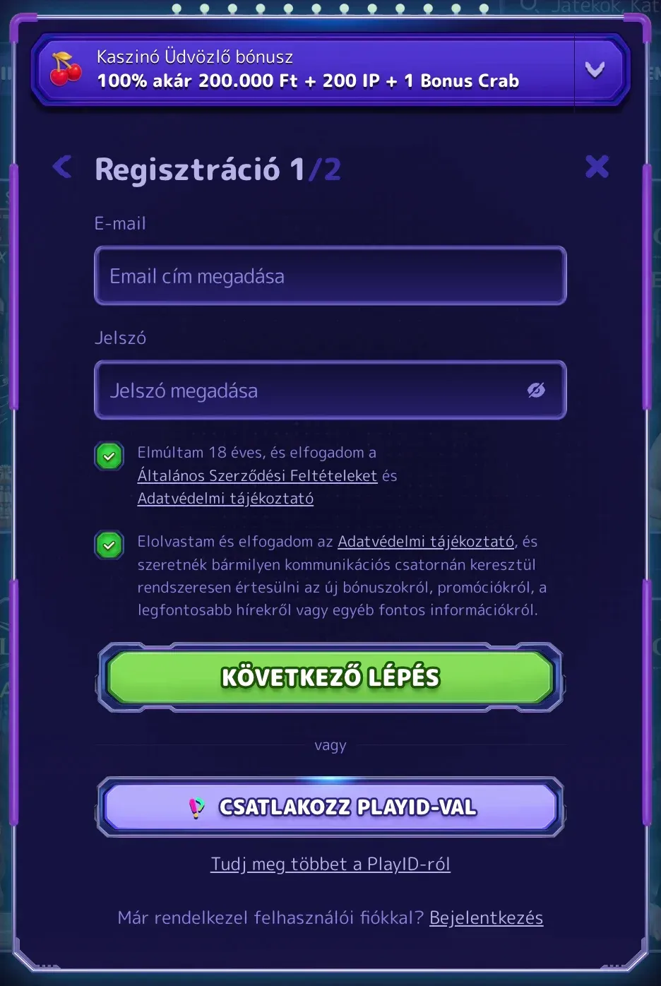 Regisztrációs űrlap az Alfcasino